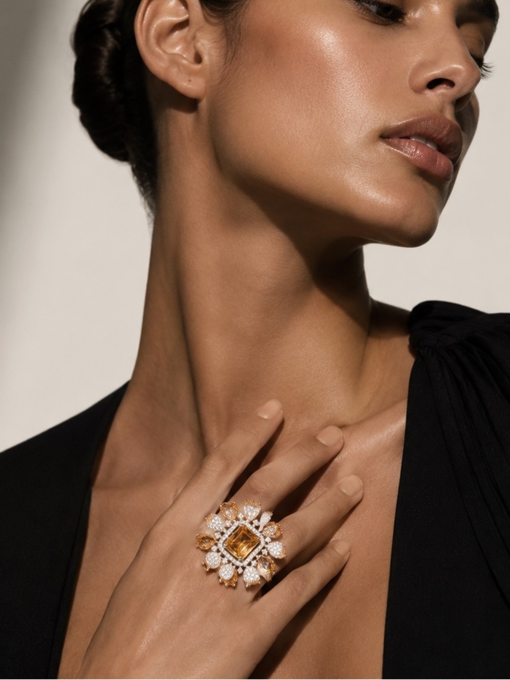 Gold Cocktail Ring with Champagne Center and Clear Crystals